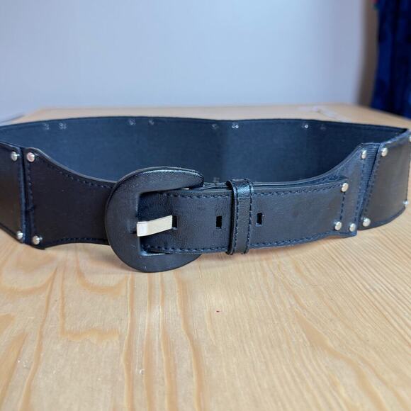 Calvin Klein women’s Belt Black Leather Stretch Studded Silver 90s M/L - Picture 1 of 7